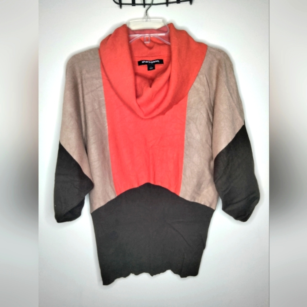 Sharagano (Size L) Multicolored Colorblock Puff Sleeve Cowl Neck Casual Sweater